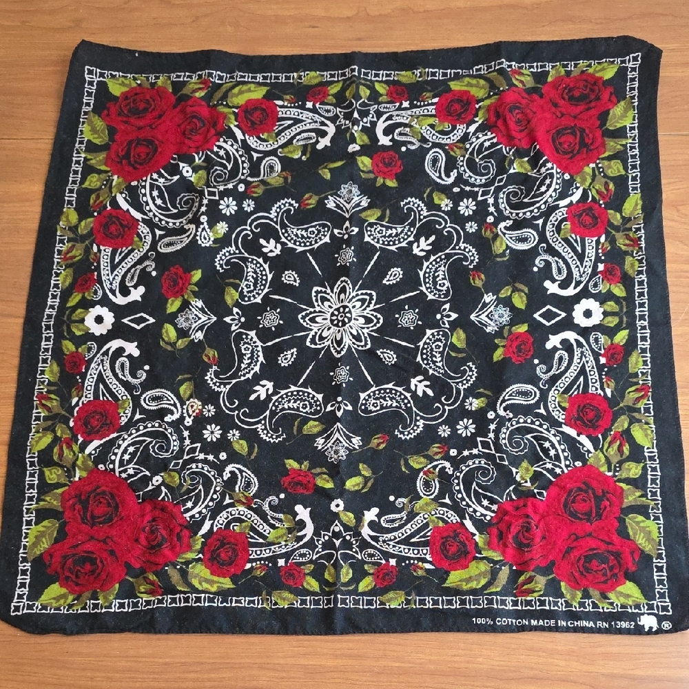 Black Bandana Scarf with Red Rose Print